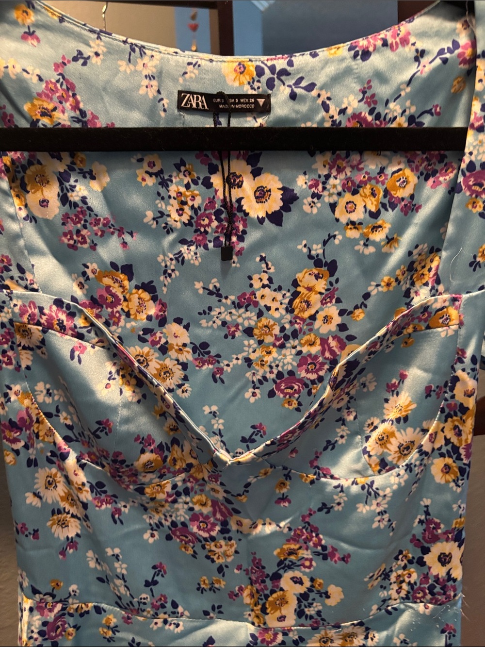 ZARA Sky Blue Floral A-Line Skirt with Yellow and Purple Blossoms